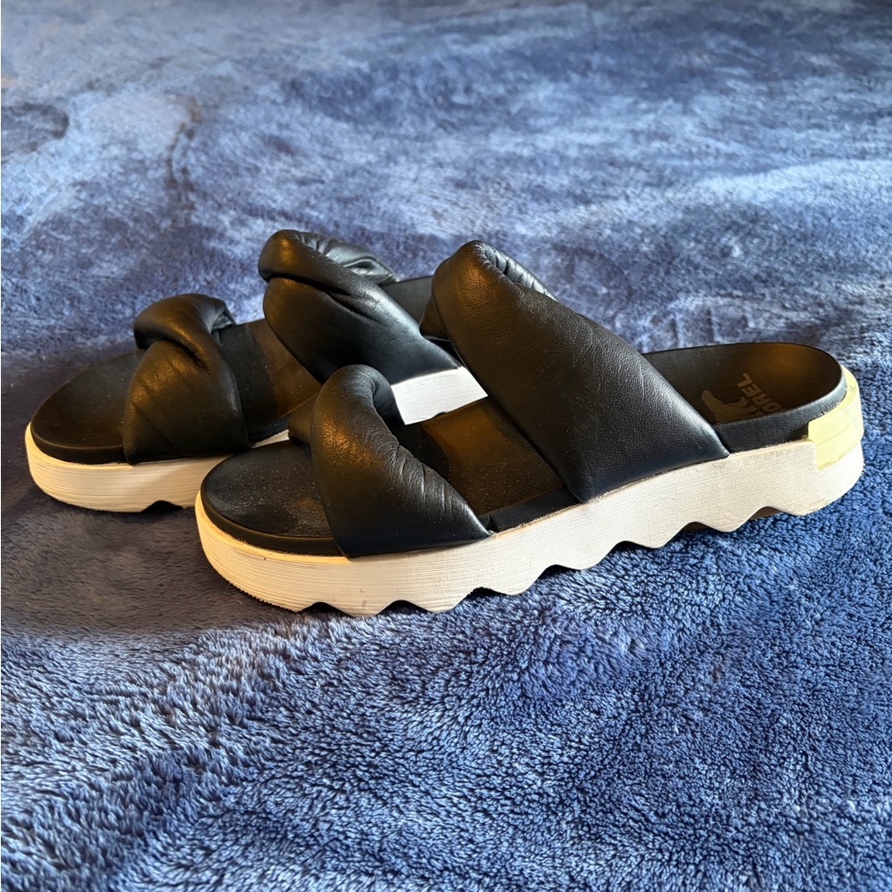Sorel Black Slide Sandals with White Soles